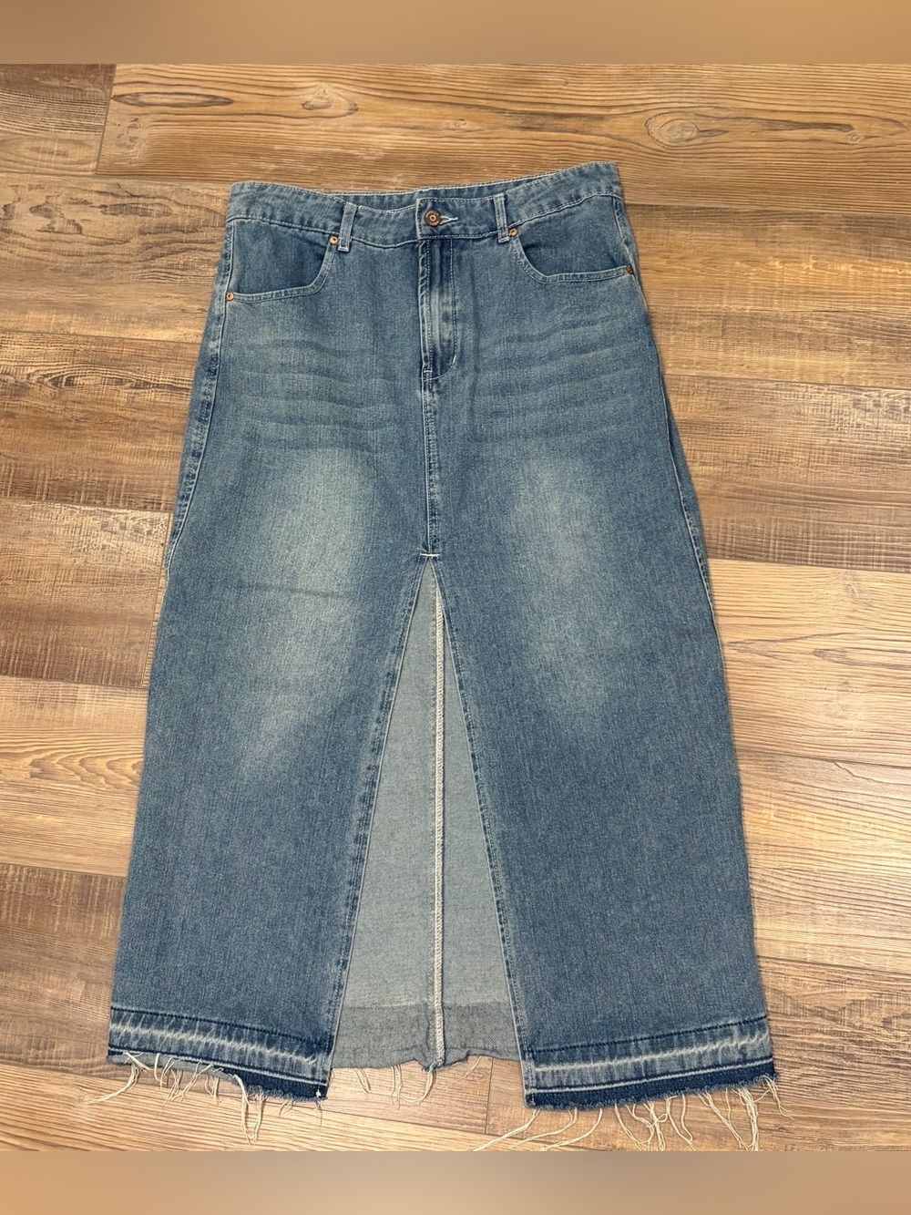 Classic Blue Denim Midi Skirt with Front Slit